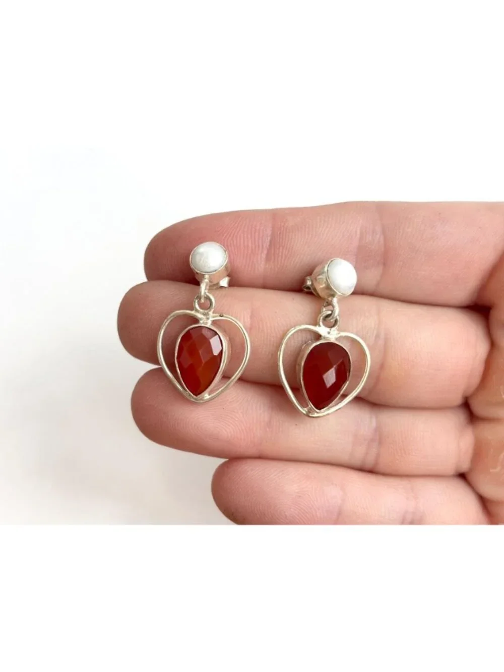 Ruby Corondum & Cultured Pearl Heart Shaped Vintage Sterling Silver 925 Earrings